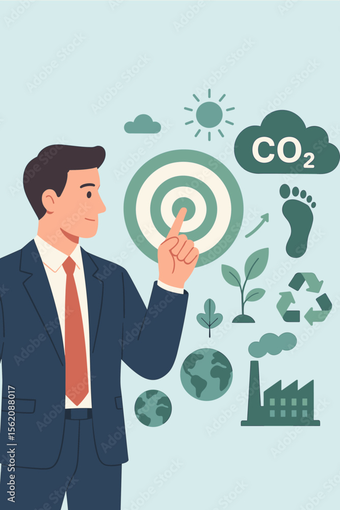 Businessman targeting net zero goals for carbon emission reduction. Concept of ESG, corporate responsibility, sustainability, climate change, and reducing CO2 carbon footprint. Businessman targeting net zero goals for carbon emission reduction. Concept of ESG, corporate responsibility, sustainability, climate change, and reducing CO2 carbon footprint.
