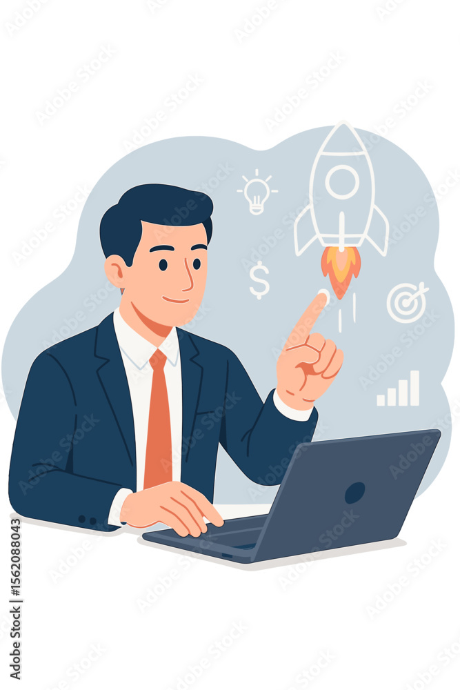 Startup business concept with entrepreneur launching a rocket. Businessman using laptop with virtual interface showing icons for innovation, finance, growth, and marketing strategy. Startup business concept with entrepreneur launching a rocket. Businessman using laptop with virtual interface showing icons for innovation, finance, growth, and marketing strategy.