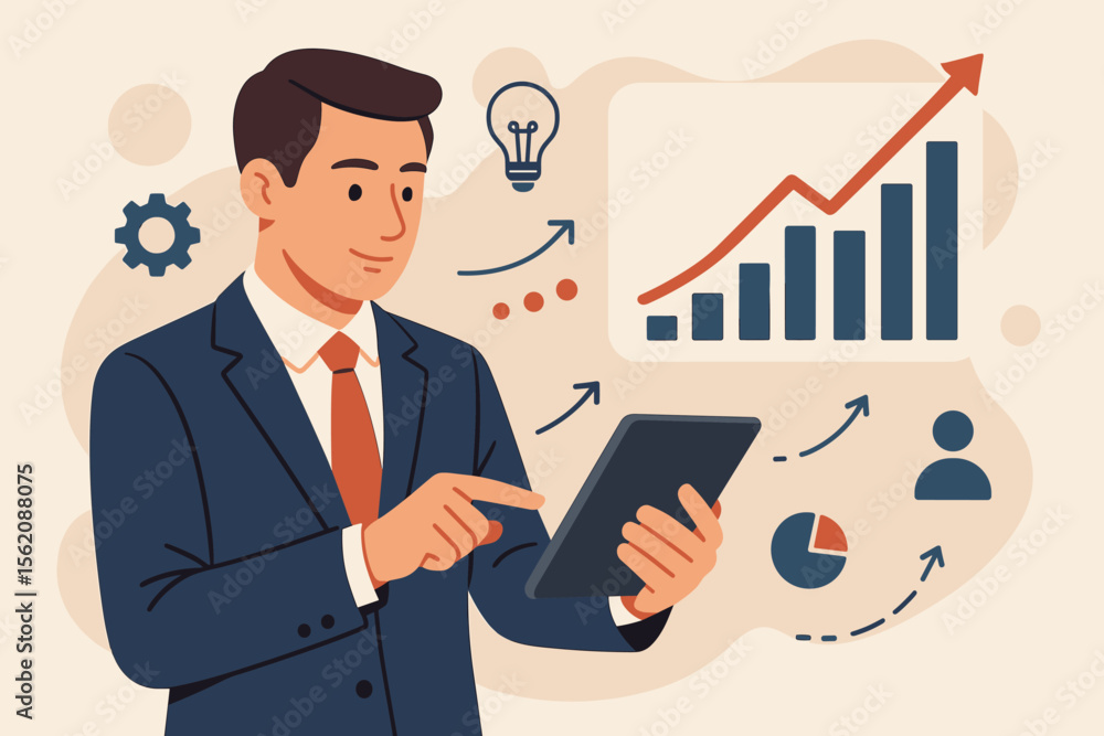 Businessman using tablet for financial analysis of sales data and economic growth graph. Business strategy, planning, and success concept. Digital marketing. Modern flat vector illustration. Businessman using tablet for financial analysis of sales data and economic growth graph. Business strategy, planning, and success concept. Digital marketing. Modern flat vector illustration.