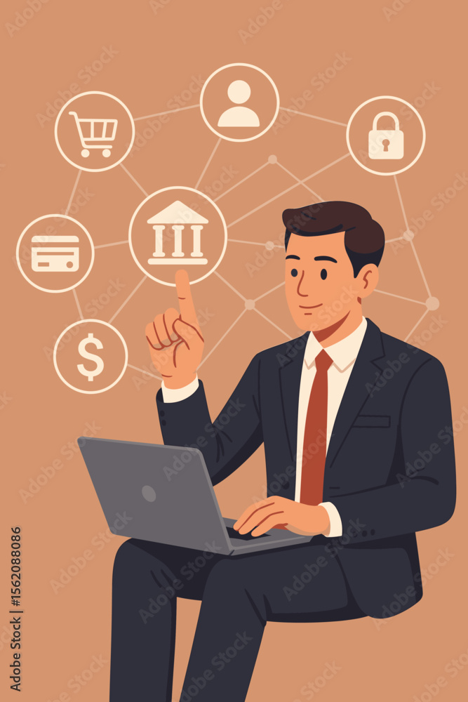 Businessman using laptop for online banking and financial services. Fintech technology vector concept with a network of icons for secure payment, e-commerce, and digital transactions. Businessman using laptop for online banking and financial services. Fintech technology vector concept with a network of icons for secure payment, e-commerce, and digital transactions.