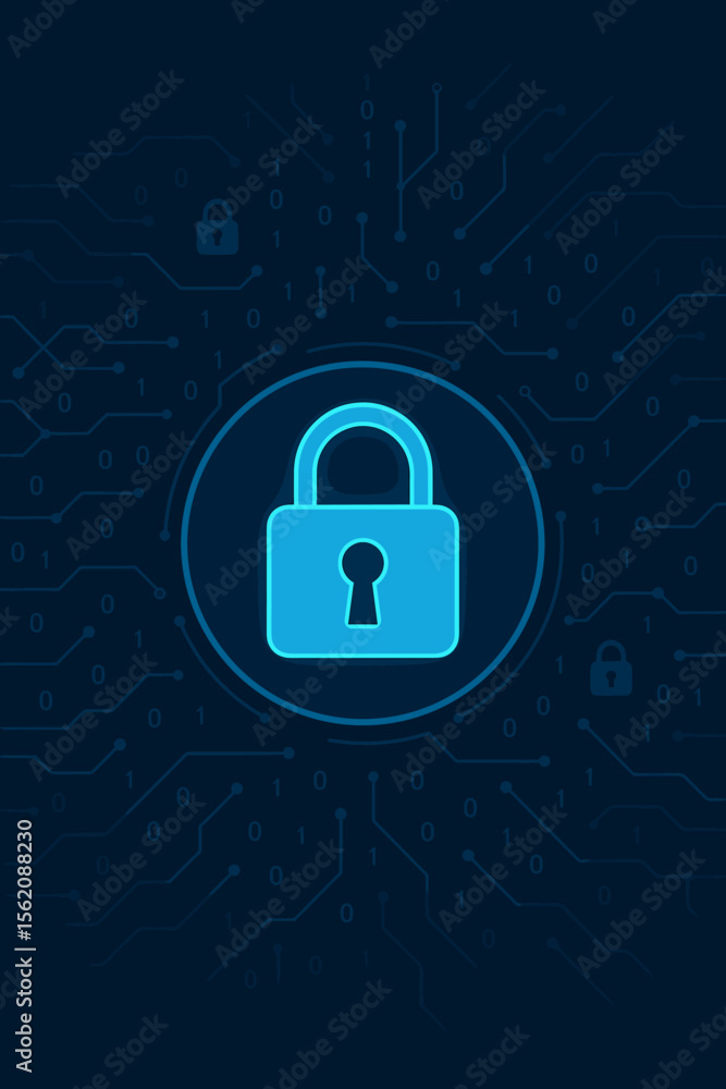 Cyber security concept with glowing digital padlock icon. Network data protection and online internet safety. Abstract technology background with circuit board and binary code. Cyber security concept with glowing digital padlock icon. Network data protection and online internet safety. Abstract technology background with circuit board and binary code.