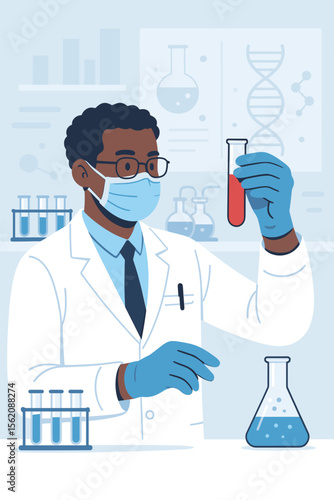 Black scientist in lab coat and mask conducting medical research. Male doctor or chemist analyzing a blood sample in a test tube. Concept for healthcare, biotechnology, and DNA analysis.