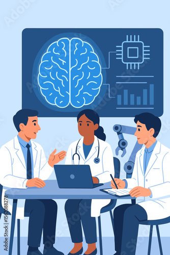 Doctor and neurologist team meeting and analysis of brain test results. Medical professionals using AI, laptop, and robotics on a virtual interface for diagnosis. Future of healthcare concept.