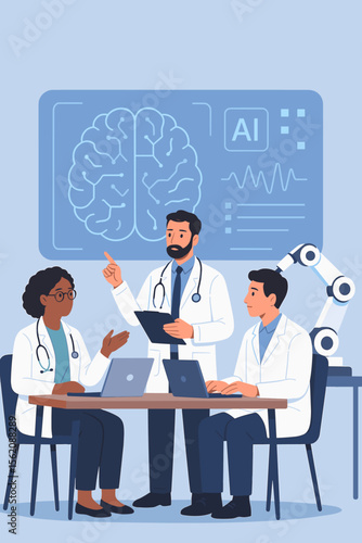 Doctor and neurologist team meeting and analysis of brain test results. Doctors discussing diagnosis with AI technology on a virtual interface with robotics. Medical innovation concept.