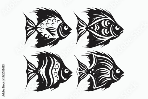 Four black fish show intricate tribal patterns on white background, perfect for tattoo