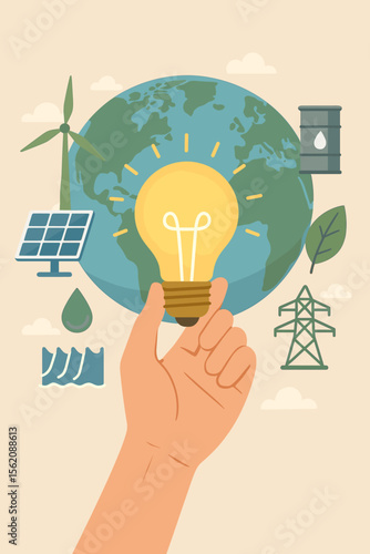 Hand Holding Light Bulb in Front of Globe Illustrating Global Energy Consumption, Renewable and Nonrenewable Sources, Sustainability, Ecology, Solar, Wind, Hydro, Oil, Power Grid Concept Vector