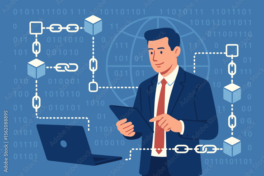 Businessman Analyzing Blockchain Data Network, Digital Finance, Cryptocurrency, Secure Online Transactions, Data Analytics, Technology Growth, Laptop, Tablet, Global Connection, Binary Code Businessman Analyzing Blockchain Data Network, Digital Finance, Cryptocurrency, Secure Online Transactions, Data Analytics, Technology Growth, Laptop, Tablet, Global Connection, Binary Code