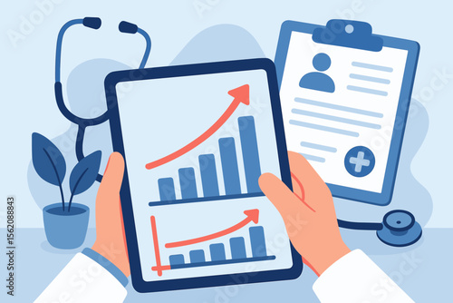 Healthcare business analytics concept. Medical data growth chart on tablet, doctor holding device, patient health report clipboard, stethoscope, modern digital medicine technology vector illustration
