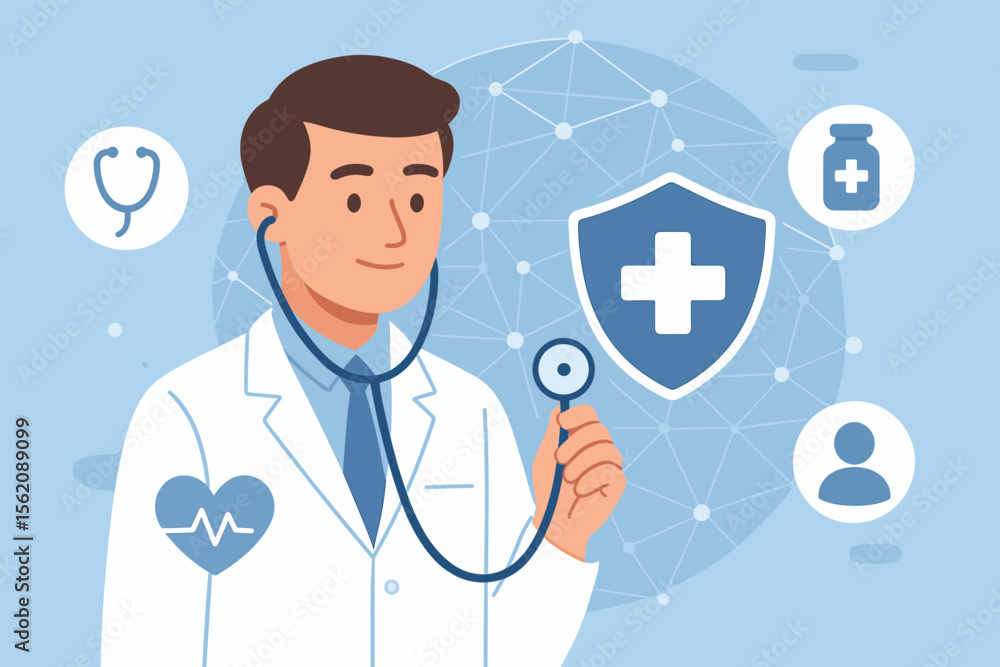 Medical doctor holding stethoscope with health insurance icon, medical network connection, healthcare technology, modern hospital, digital medicine, flat vector illustration Medical doctor holding stethoscope with health insurance icon, medical network connection, healthcare technology, modern hospital, digital medicine, flat vector illustration