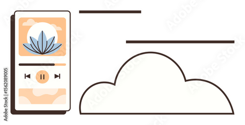 Smartphone screen with music app interface featuring calming art design, play controls, and cloud icon. Ideal for streaming, meditation, tranquility, minimalism, technology, user interface cloud