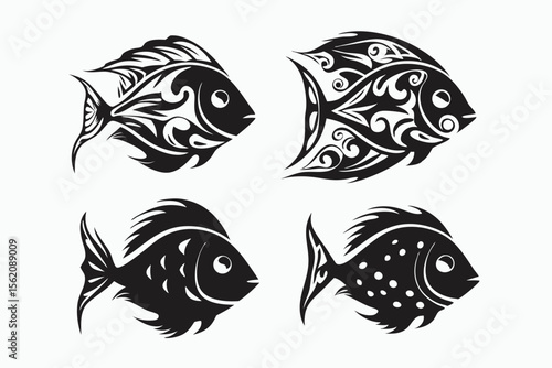 Four decorative black fish silhouettes show diverse styles and patterns against a white background