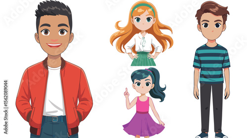 Cartoon Illustration of Four Young People Two Boys and Two Girls in Various Styles