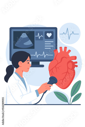 Cardiologist performing heart ultrasound scan. Echocardiogram diagnostic test. Medical technology, cardiology healthcare, heart disease prevention. Doctor with stethoscope, monitor, EKG, anatomy