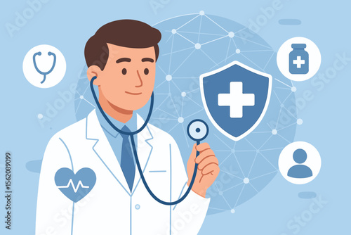 Medical doctor holding stethoscope with health insurance icon, medical network connection, healthcare technology, modern hospital, digital medicine, flat vector illustration