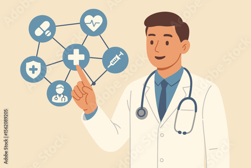 Medical doctor with stethoscope interacting with healthcare network icons. Modern flat vector illustration of physician touching digital medical symbols. Health care, medicine, technology concept