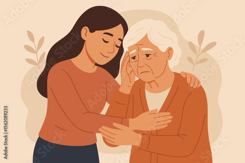 Elderly care support concept. Young woman comforting senior mother. Mental health, family love, intergenerational connection, empathy, support, caregiving, flat vector illustration, autumn colors