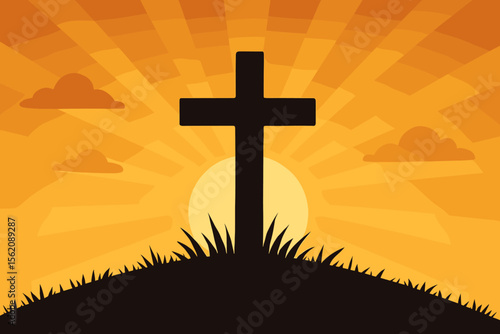 Christian cross silhouette on grassy hill at sunrise, radiant sunburst sky, faith hope resurrection concept, Easter religious background, modern flat vector illustration, peaceful landscape