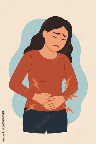 Woman Suffering Stomach Pain Holding Abdomen. Menstrual Cramps, Gastric Ulcer, Appendicitis, Digestive Disorder, Gastrointestinal Disease, Abdominal Ache, Healthcare, Medical Symptom Concept