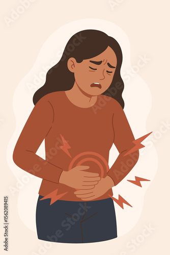 Woman holding stomach in pain, suffering from abdominal cramps, stomachache, menstrual period pain, gastric ulcer, appendicitis, gastrointestinal disease. Healthcare, illness, discomfort concept