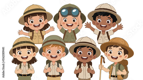 Cheerful Cartoon Kids in Explorer Outfits with Hats and Backpacks Ready for Adventure