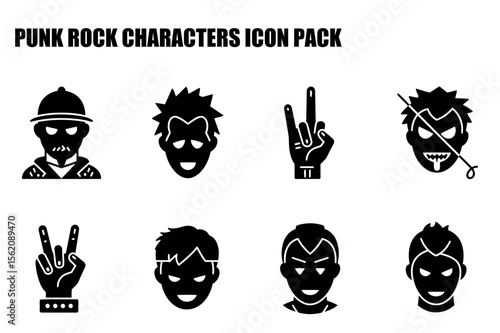 Punk rock characters icon set in a graphic design format. Diverse characters in various poses and expressions, against a plain background for use in design projects.