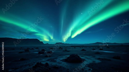 A timelapse of the aurora lights over Icelandic volcanic landscape with lava fields