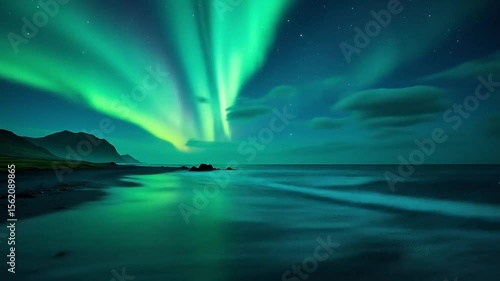 A timelapse of the aurora borealis above the black sand beaches of Vik Iceland