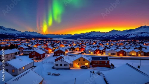 Aurora over colorful houses in Tromsø, Norway