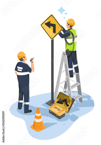 Urban maintenance crew replacing a damaged traffic sign to ensure road safety in the city environment isometric cartoon