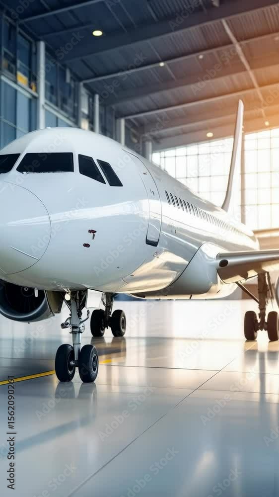 Commercial airliner parked inside a spacious hangar with bright daylight shining through the large windows. Commercial airliner parked inside a spacious hangar with bright daylight shining through the large windows.