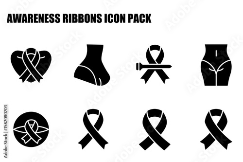Awareness ribbons icon pack featuring various body parts and ribbons. Simple black and white icons for awareness campaigns.