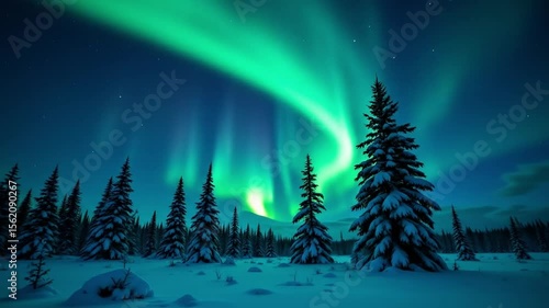 A timelapse of the aurora Borealis over a snowy forest in Finland pine trees glowing under green lights
