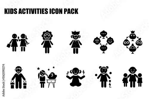 Kids engaged in various activities displayed in a simple, flat icon set. Children interacting with each other and with the environment.