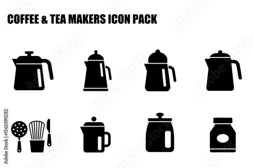 Coffee and tea makers icons in various styles. Silhouette illustrations of brewing equipment displayed on a white background.