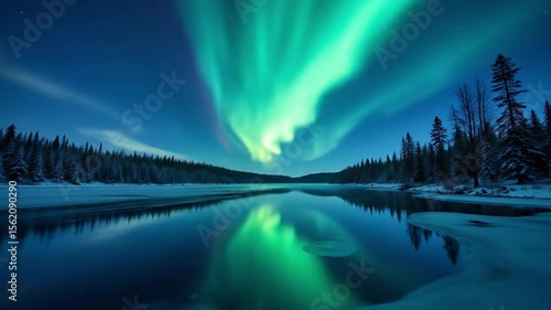 A timelapse of the aurora reflected in a frozen river in Finnish Lapland starry sky background