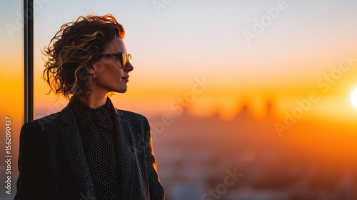 Woman gazing at a sunset from a high-rise building, with a city skyline in the background