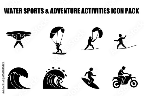 Water sports and adventure activities icon pack depicting various actions. Active individuals engaged in diverse water and land-based activities such as kiteboarding, surfing, and motocross.