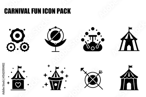 Carnival fun icon pack showing various carnival attractions. Simple black and white silhouette icons for carnival rides, games, and tents.