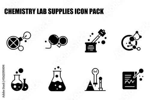 Chemistry lab supplies icons, various actions and equipment in a white background. Set of icons representing different lab processes and tools.