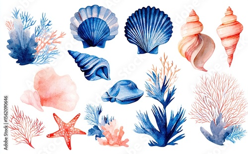 Fototapeta Naklejka Na Ścianę i Meble -  A watercolor abstract vector illustration set of seashells, starfish, and coral reef for background. A hand-painted modern summer clipart collection. High quality