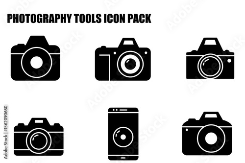 Black and white photography tools icon set, various camera types and a smartphone with camera, no people or specific settings. Flat icons showing basic camera shapes against a plain white background.