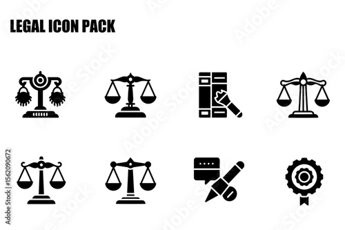 Legal icon pack displaying justice scales, law books, communication, and certificates. Black and white legal icons in various poses and settings.