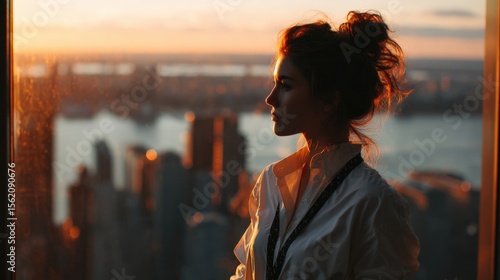 Woman gazing out of a high-rise window at sunset, overlooking a city skyline with reflections