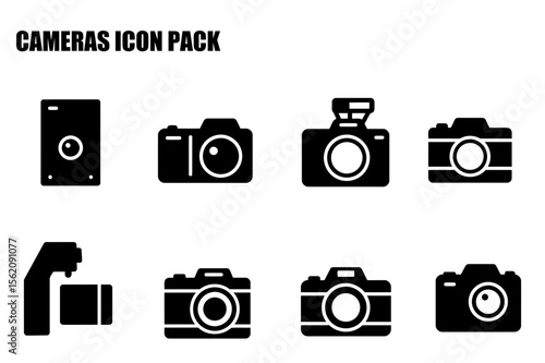 Camera icons in various styles displayed on a plain white background. Simple, graphic representations of cameras in different configurations with an emphasis on design.
