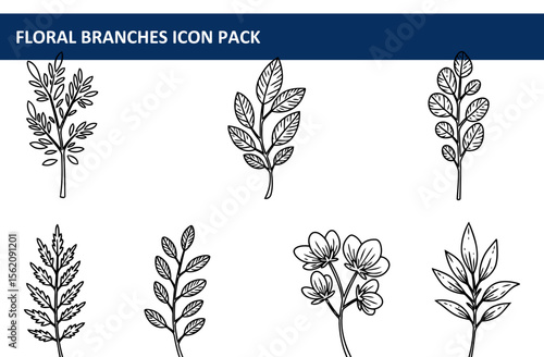 Floral branches icon set with various leaf and flower arrangements. Black and white line art illustrations of stylized floral sprigs.