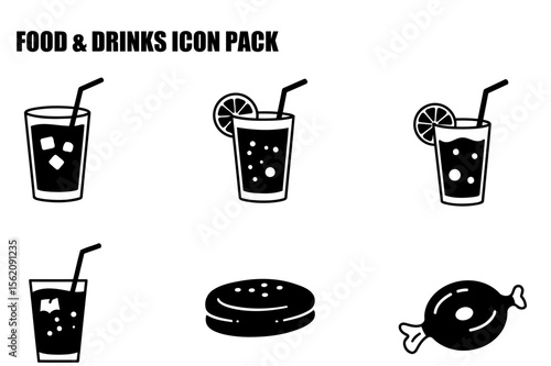 Food and drinks icon set featuring various beverages and snacks. Simple, black and white illustrations of drinks and food items displayed in a grid-like format.