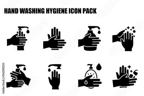 Hand washing hygiene icon pack showing various steps in the process. Illustrative icons of hands washing with soap and water, and hand sanitizer, depicted in a sequence of actions.