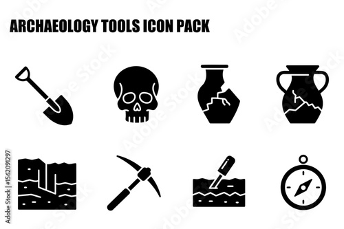 Archeology tools icons in a professional design. Set of black and white images representing various tools for archaeological digs.