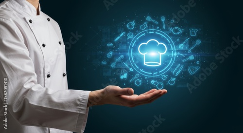Chef's hand holds glowing culinary icon
