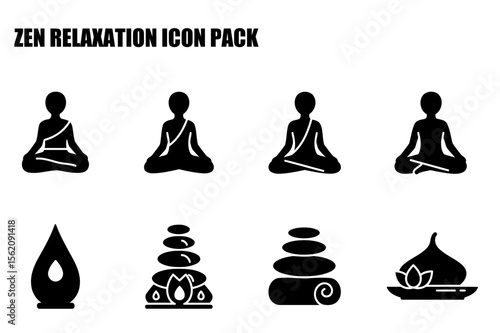Zen relaxation icon set for meditation and wellness practice. Silhouette figures in meditation pose with various associated items for spiritual relaxation.